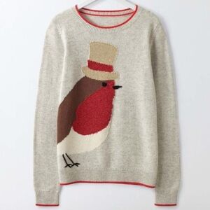 Boden Cream Crewneck Sweater with Red Robin Motif